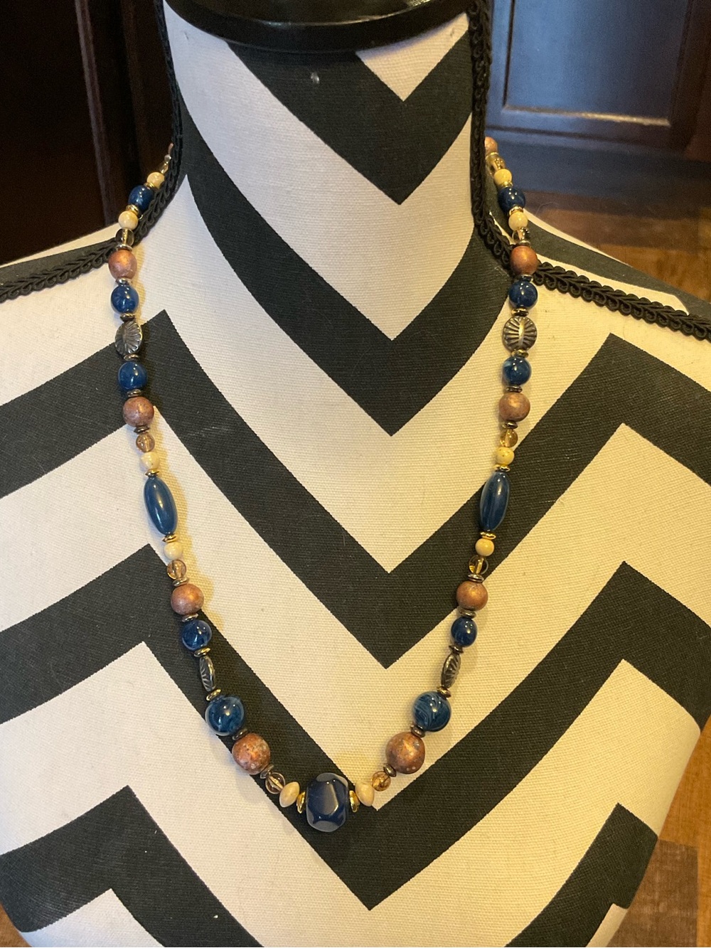 Boho Blue Beaded Statement Necklace | Artisan Style Mixed Beads | Long Necklace
